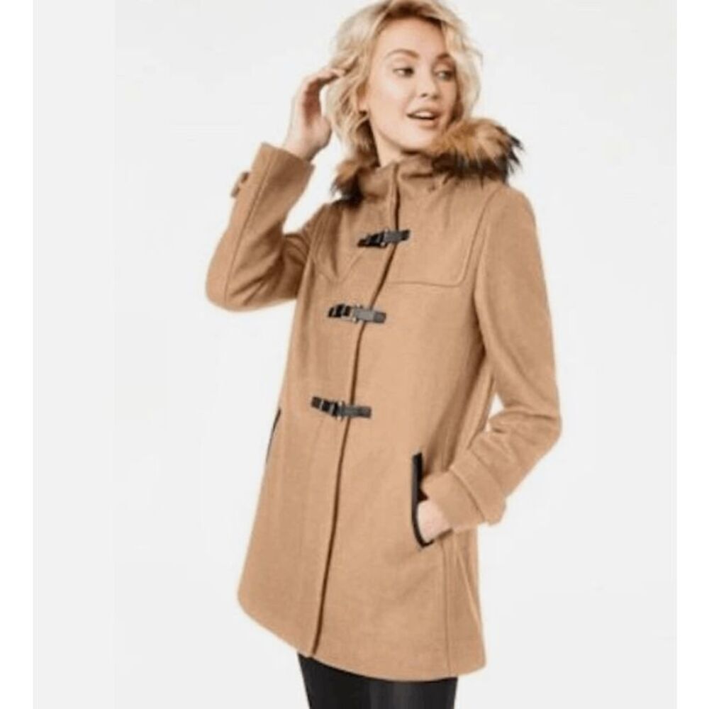Cole Haan Signature Wool Leather Snap Faux-Fur-Trim Hooded Coat Camel Tan Size 4